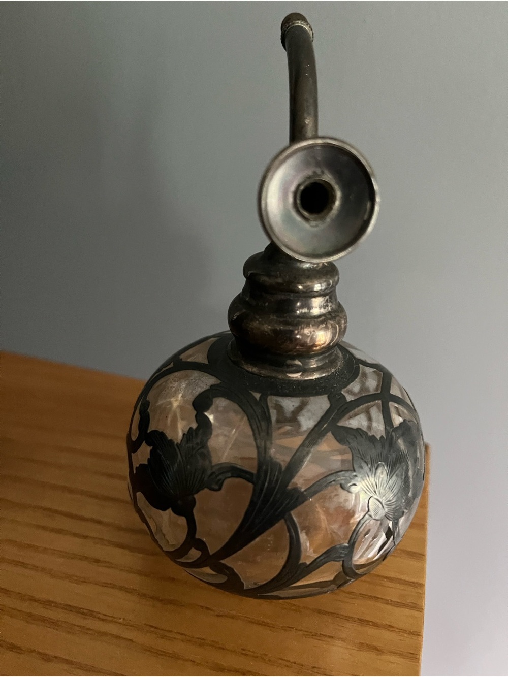 Vintage Sterling floral overlay Perfume Atomizer, not marked but Google searched